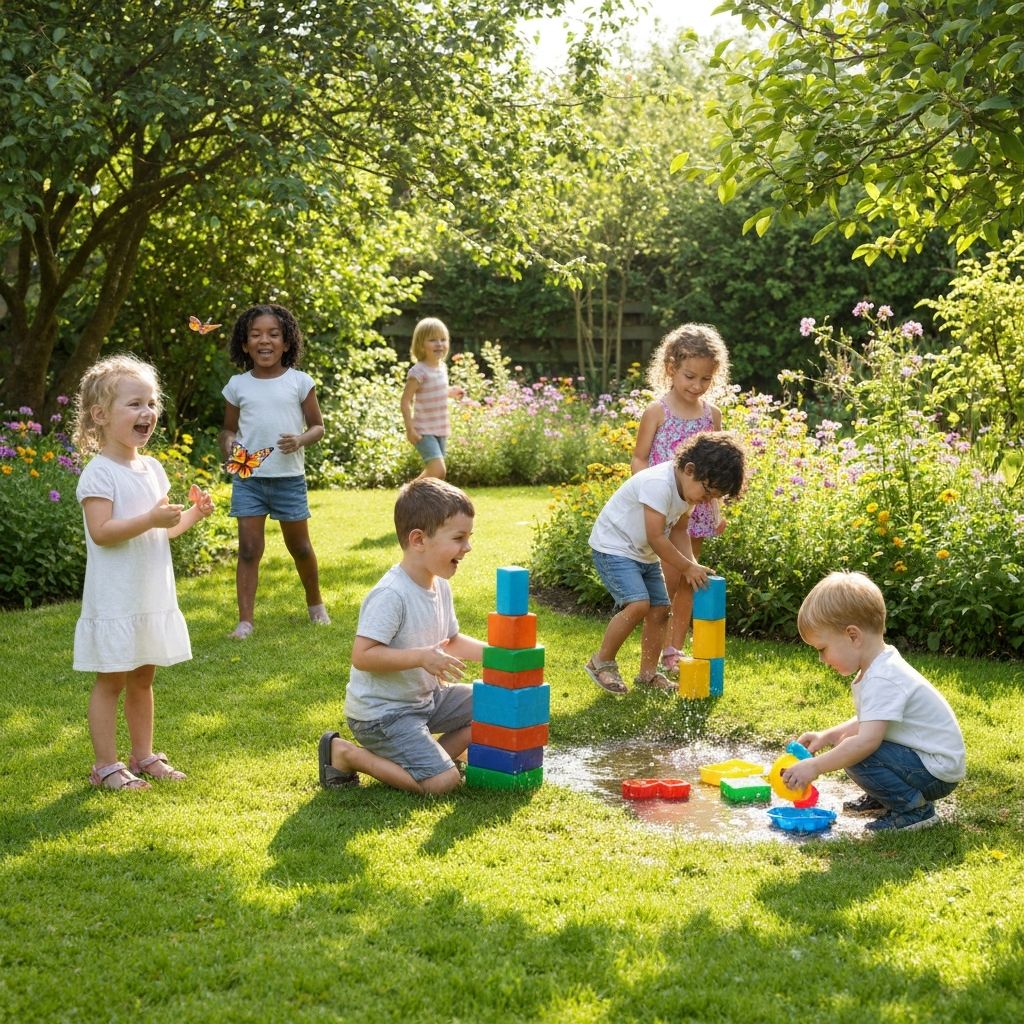 Glade børn leger sammen i haven